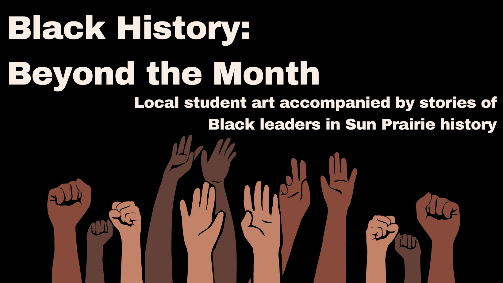 Illustration of Black and Brown hands raised with some in fists under text of event title